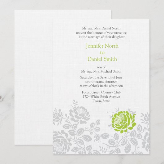 Invitations Lime Et Grey Mariage damassé (Devant / Derrière)