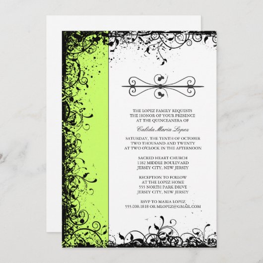 Invitations Lime Green Quinceanera (Devant / Derrière)