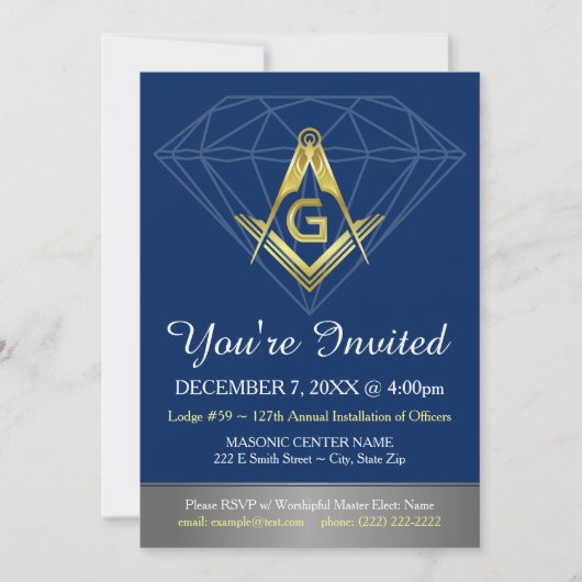 Invitations maçonniques | Modèle Gold Blue Diamond (Devant)