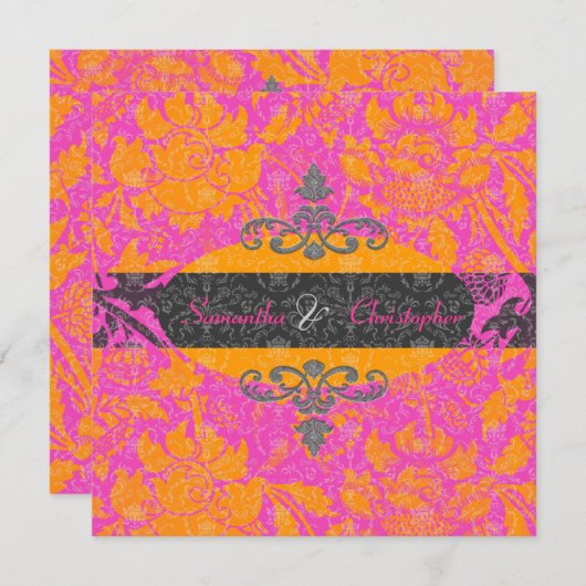 Invitations Mandarin Orange/Hot Pink Damask (Devant / Derrière)