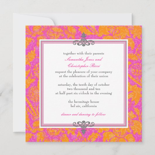 Invitations Mandarin Orange/Hot Pink Damask (Dos)