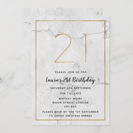 Invitations marbrés blanc et or 21e anniversaire (Devant / Derrière)