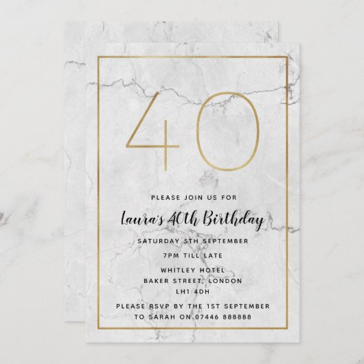 Invitations marbrés blanc et or 40e anniversaire (Devant / Derrière)