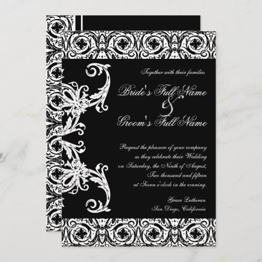 Invitations Mariage damassé Cercle noir et blanc (Devant / Derrière)