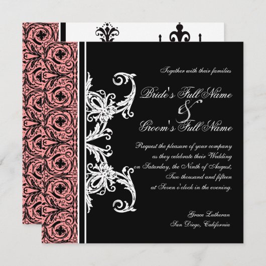 Invitations Mariage damassé Cercle noir et blanc (Devant / Derrière)