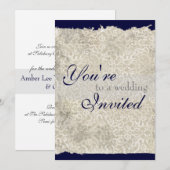 Invitations Mariage damassé classiques, bleu marin (Devant / Derrière)