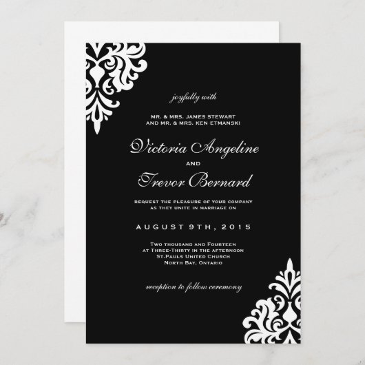 Invitations Mariage damassé en noir et blanc (Devant / Derrière)