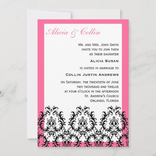 Invitations Mariage damassé en noir et rose (Devant)