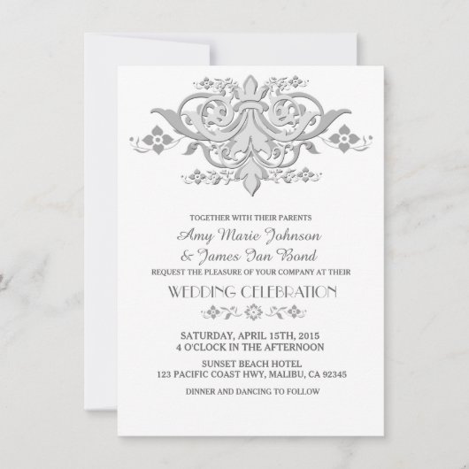 Invitations mariage damassé gris argent damask1 (Devant)