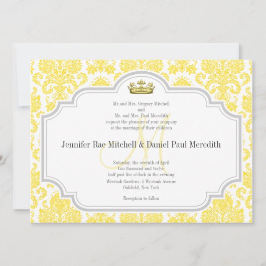 Invitations Mariage damassé Jaune Monogramme M (Devant)