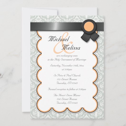 Invitations Mariage damassé orange et gris (Devant)