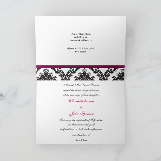 Invitations mariage damassé rose (Intérieur)