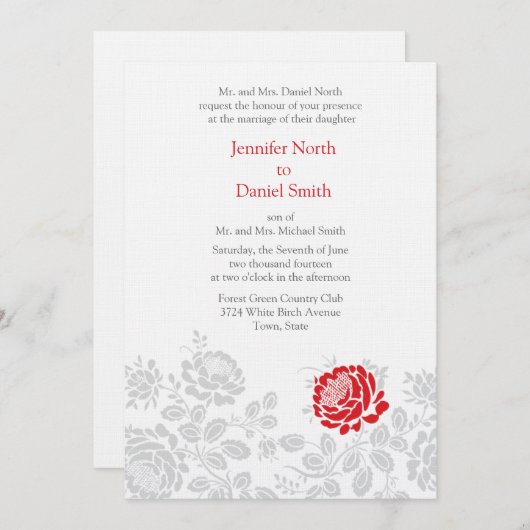 Invitations Mariage damassé Rouge Et Gris (Devant / Derrière)