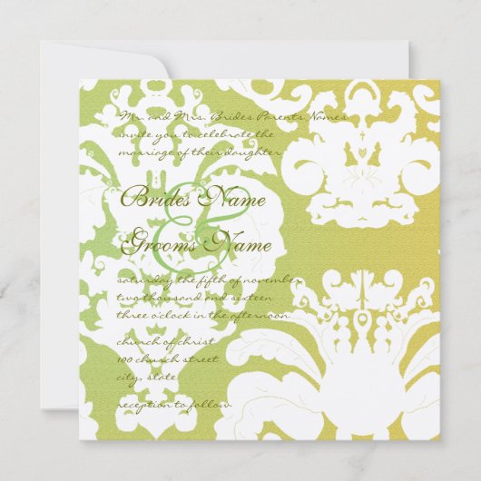 Invitations Mariage damassé verte et jaune (Devant)
