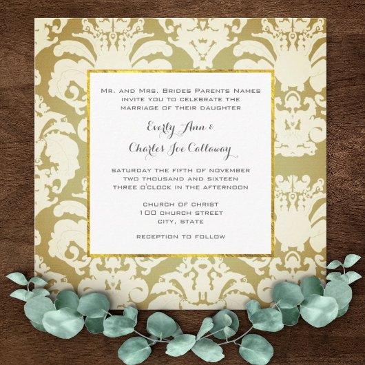 Invitations Mariage damassé vertes et Gold