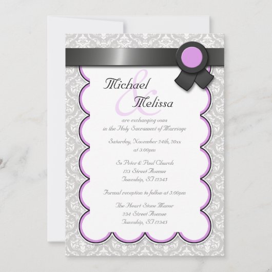 Invitations Mariage damassé violet gris (Devant)