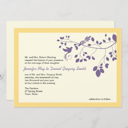 Invitations Mariage Jaune Et Violet Inséparables (Devant / Derrière)