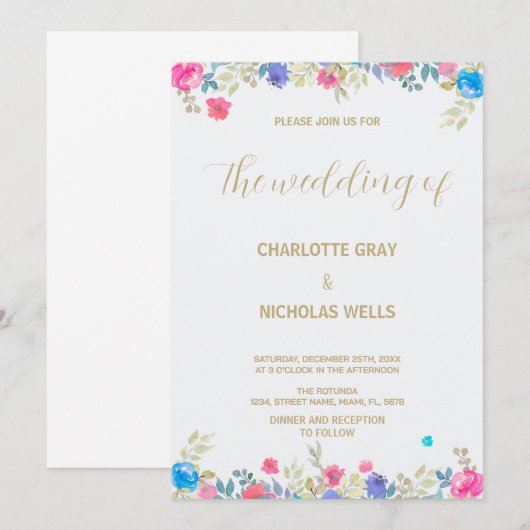 Invitations mariage rose Fleur (Devant / Derrière)