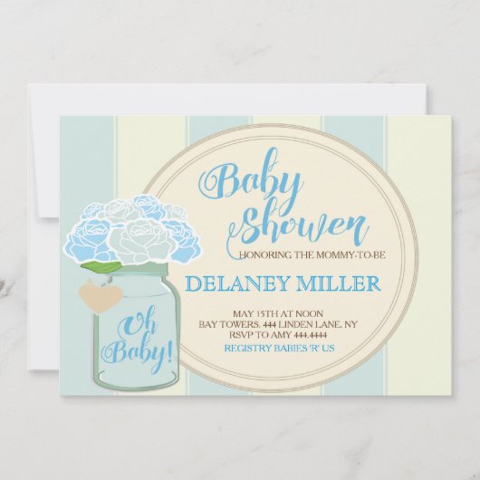 Invitations Mason Jar Blue Baby Shower (Devant)