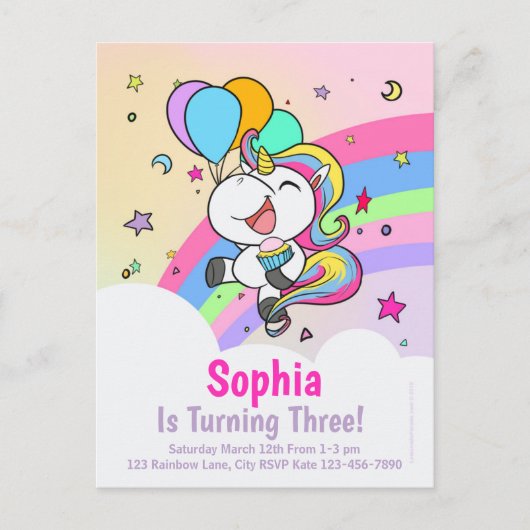 Invitations mignonnes d'anniversaire de licorne de (Devant)