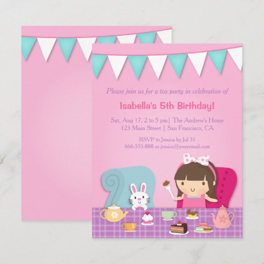 Invitations mignonnes d'anniversaire de thé (Devant / Derrière)