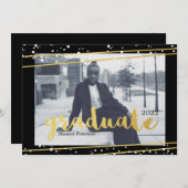 Invitations modernes de diplômés en noir, or et bl (Devant / Derrière)