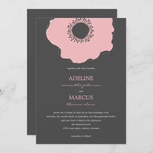 Invitations modernes de mariage de pavot (rose) (Devant / Derrière)