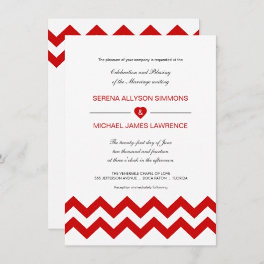 Invitations modernes rouges et blanches de mariage (Devant / Derrière)