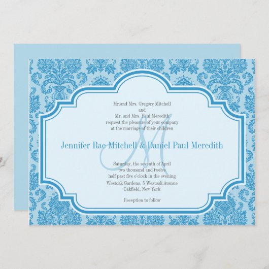Invitations Monogram M Blue Mariage damassé (Devant / Derrière)