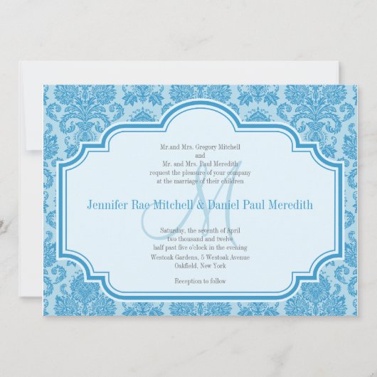 Invitations Monogram M Blue Mariage damassé (Devant)
