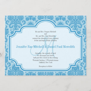 Invitations Monogram M Blue Mariage damassé