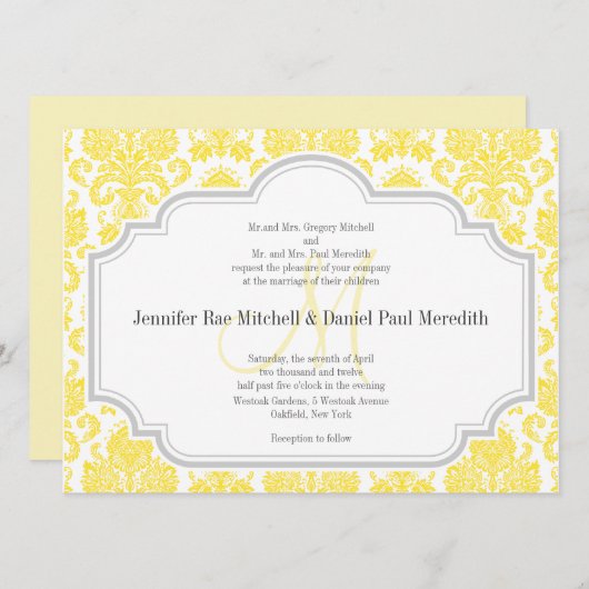 Invitations Monogram M Yellow Mariage damassé (Devant / Derrière)
