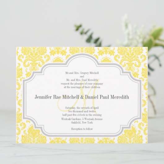 Invitations Monogram M Yellow Mariage damassé (Debout devant)