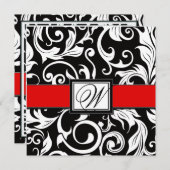 Invitations Monogrammes Black & Red Mariage damass (Devant / Derrière)