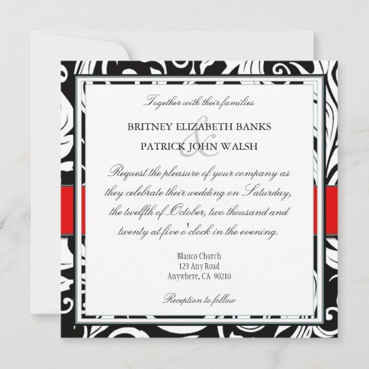 Invitations Monogrammes Black & Red Mariage damass (Dos)