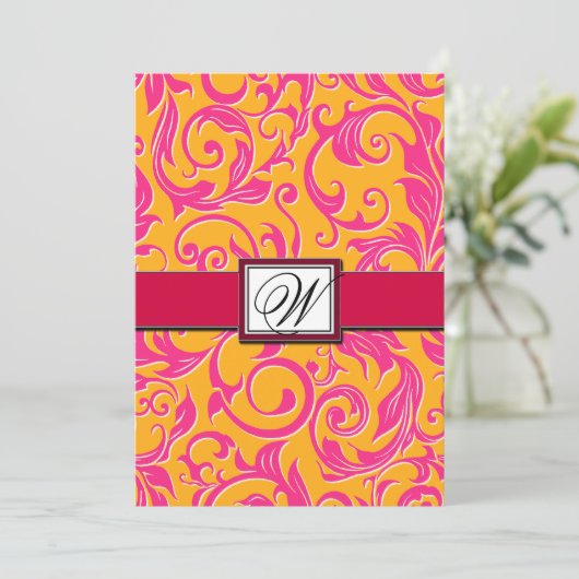 Invitations Monogrammes Damask Orange & Pink Weddi (Debout devant)
