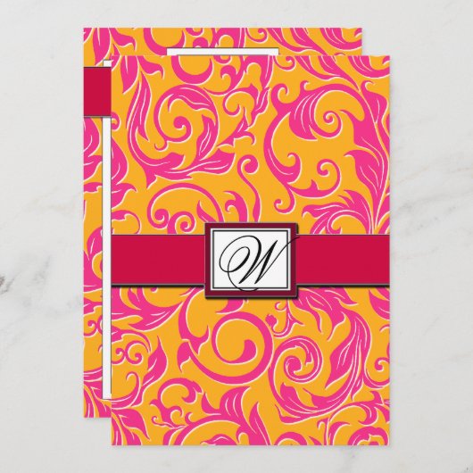Invitations Monogrammes Damask Orange & Pink Weddi (Devant / Derrière)