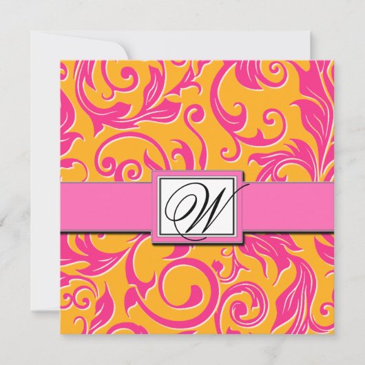 Invitations Monogrammes Damask Orange & Pink Weddi (Devant)