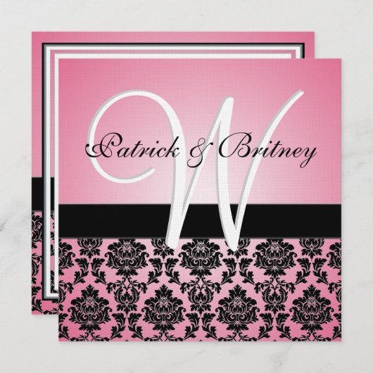 Invitations Monogrammes Pink & Black Mariage damas (Devant / Derrière)
