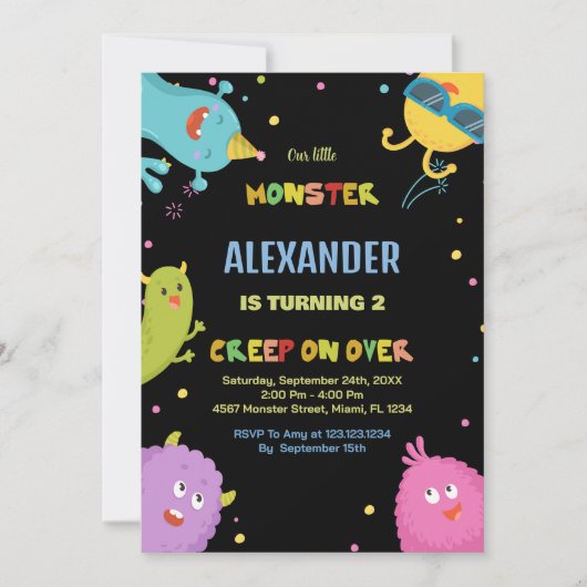 Invitations Monster Anniversaire Vert clair Noir (Devant)