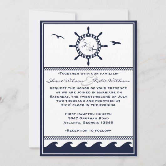 Invitations nautiques de mariage de bleu marine et (Devant)