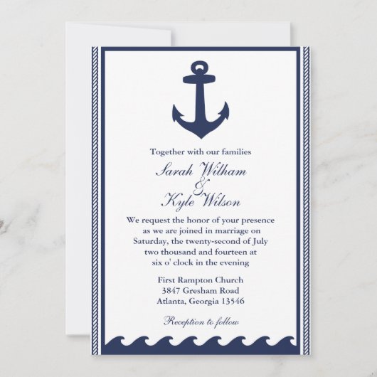 Invitations nautiques de mariage de bleu marine et (Devant)
