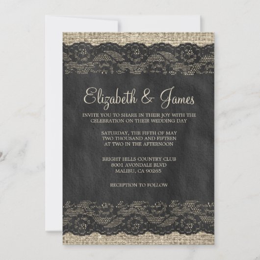 Invitations noires de mariage de dentelle rustique (Devant)