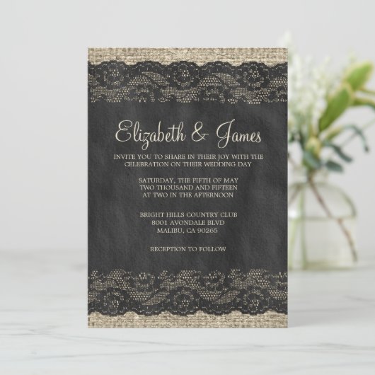 Invitations noires de mariage de dentelle rustique (Debout devant)