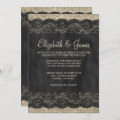 Invitations noires de mariage de dentelle rustique (Devant / Derrière)