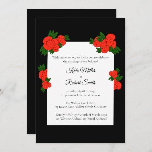 Invitations noires et Roses de mariage avec RSVP (Devant / Derrière)