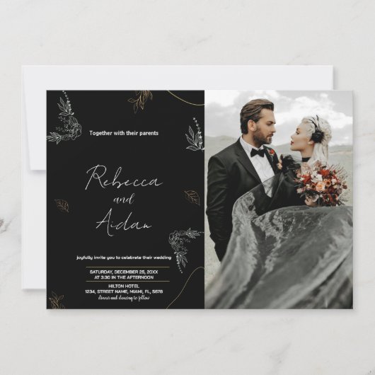 Invitations noires foncées de mariage avec photo (Devant)