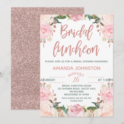 Invitations nuptiales de déjeuner d'or rose floral (Devant / Derrière)