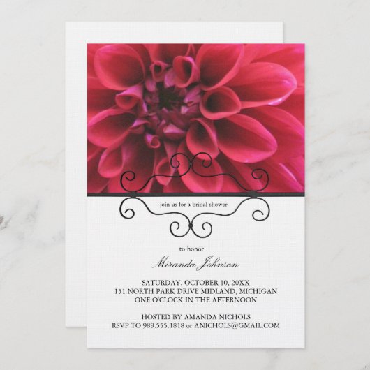 Invitations nuptiales de douche de dahlia rouge (Devant / Derrière)