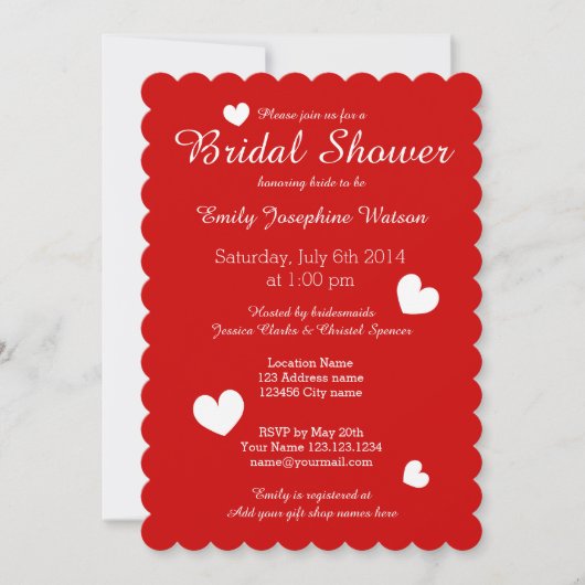 Invitations nuptiales rouges et blanches de douche (Devant)